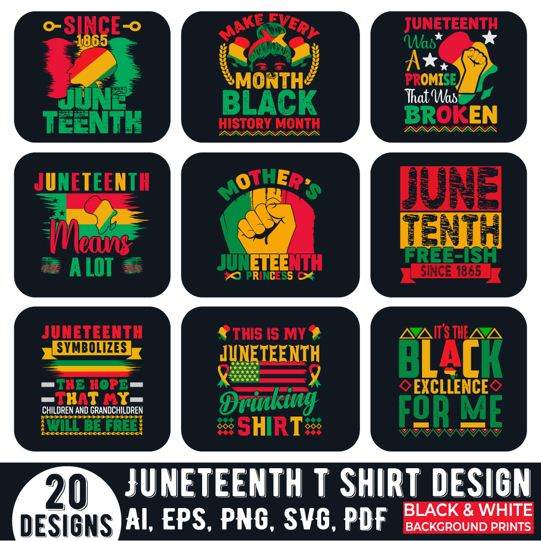 20 Juneteenth black history month typography t shirt design bundle preview image.