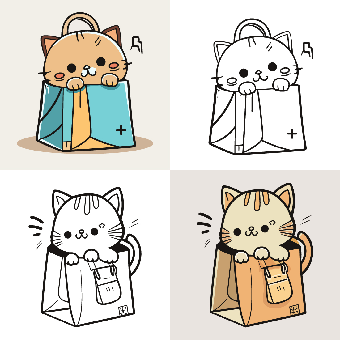 character of a Little cat in a paper shopping bag, a Cute cat, a Cat cartoon, a drawing, and a Cat mascot cover image.