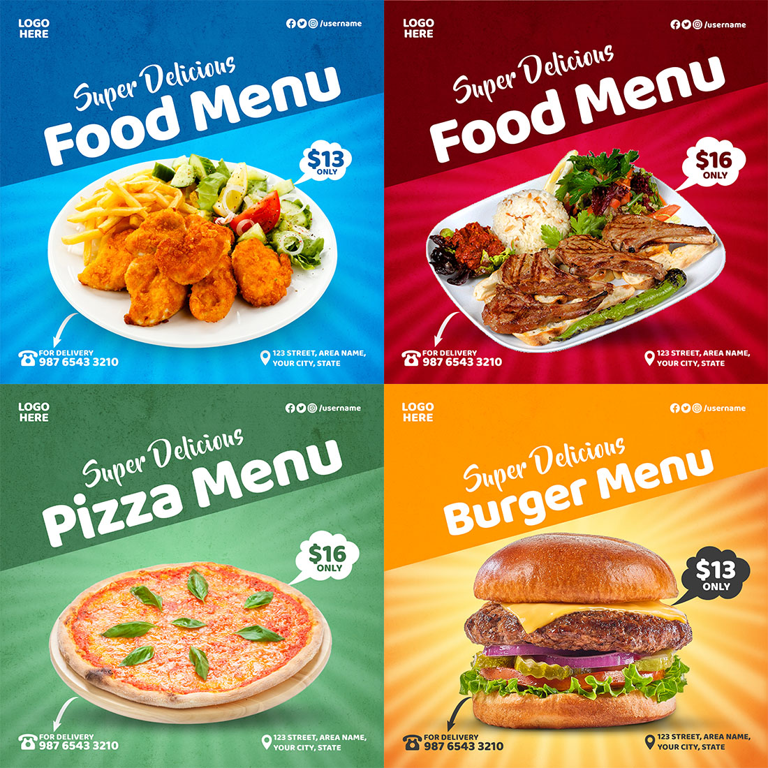 4 Food Menu Social Media Instagram Templates preview image.