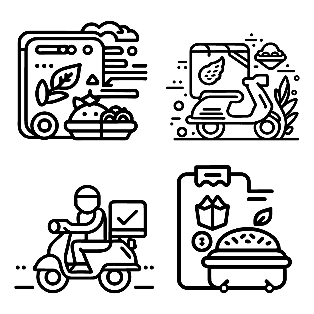 Food Delivery Icon set, line art Black And White food delivery service vector icons, Outline style, and a clean simple design isolated on white background cover image.