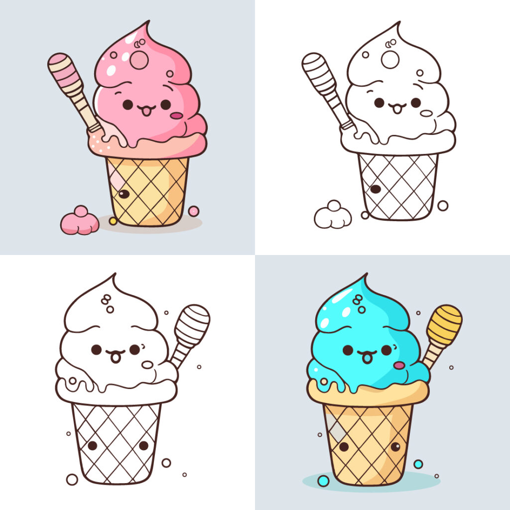 Cute Ice Cream Cartoon Line Art Vector Icon Illustration Food Drink Flat Cartoon Concept Pro 