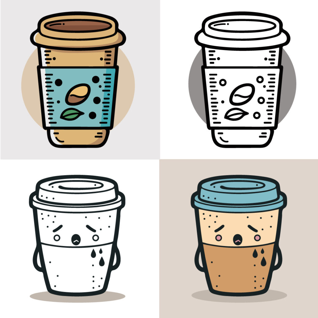 Coffee Cup Logo, Cute Coffee Cup Cartoon line art colorful Vector Illustration, Coffee cup icon