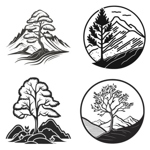 Mountain sketch, Outline Style black and white mountains and tree vector, Mountain tree icon illustration, and mountain logo cover image.