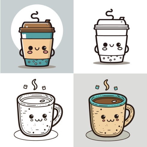 Coffee Cup Logo, Cute Coffee Cup Cartoon line art colorful Vector Illustration, Coffee cup icon design, Flat carton style, and Food and drink icon cover image.