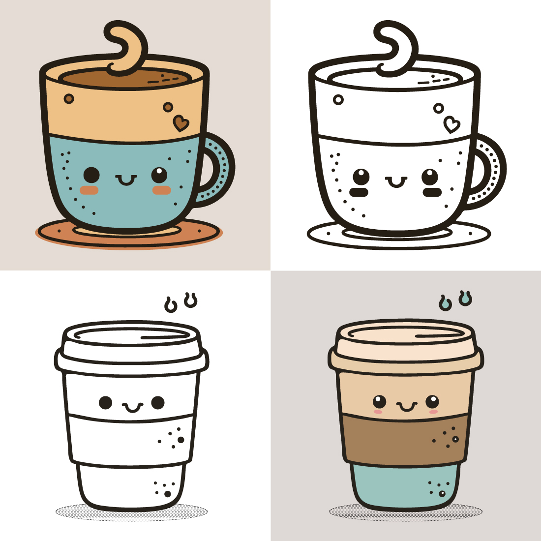 Coffee Cup Logo, Cute Coffee Cup Cartoon line art colorful Vector Illustration, Coffee cup icon design, Flat carton style, and Food and drink icon preview image.