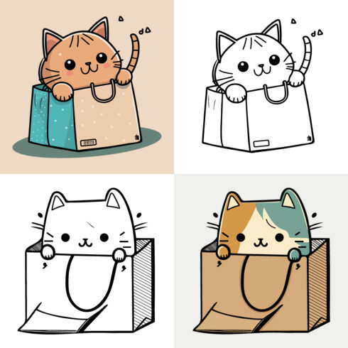 character of a Little cat in a paper shopping bag, Cute cat, Cat cartoon, drawing, Cat mascot, cute cat bundle design cover image.