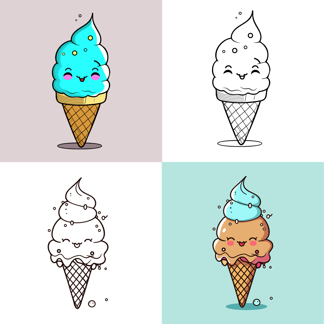 Cute Ice Cream Cartoon line art vector Icon illustration, Food drinks Flat Cartoon Concept Pro Vector, Ice Cream Cartoon, cone, cartoon ice cream, and Cute Ice Cream logo preview image.