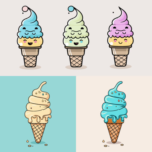 Cute Ice Cream Cartoon line art vector Icon illustration, Food drink Flat Cartoon Concept Pro Vector, Ice Cream Cartoon, cone, cartoon ice cream, Cute Ice Cream logo cover image.
