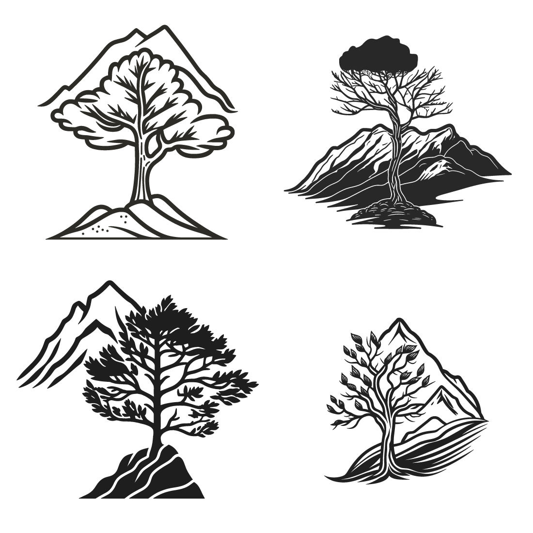 Mountain sketch, Outline Style black and white mountains and tree vector, Mountain tree icon illustration, and mountain logo preview image.