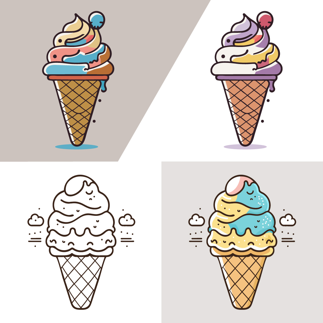 Cute Ice Cream Cartoon line art vector Icon illustration, Food drink Flat Cartoon Concept Pro Vector, Ice Cream Cartoon, cone, cartoon ice cream, Cute Ice Cream logo preview image.