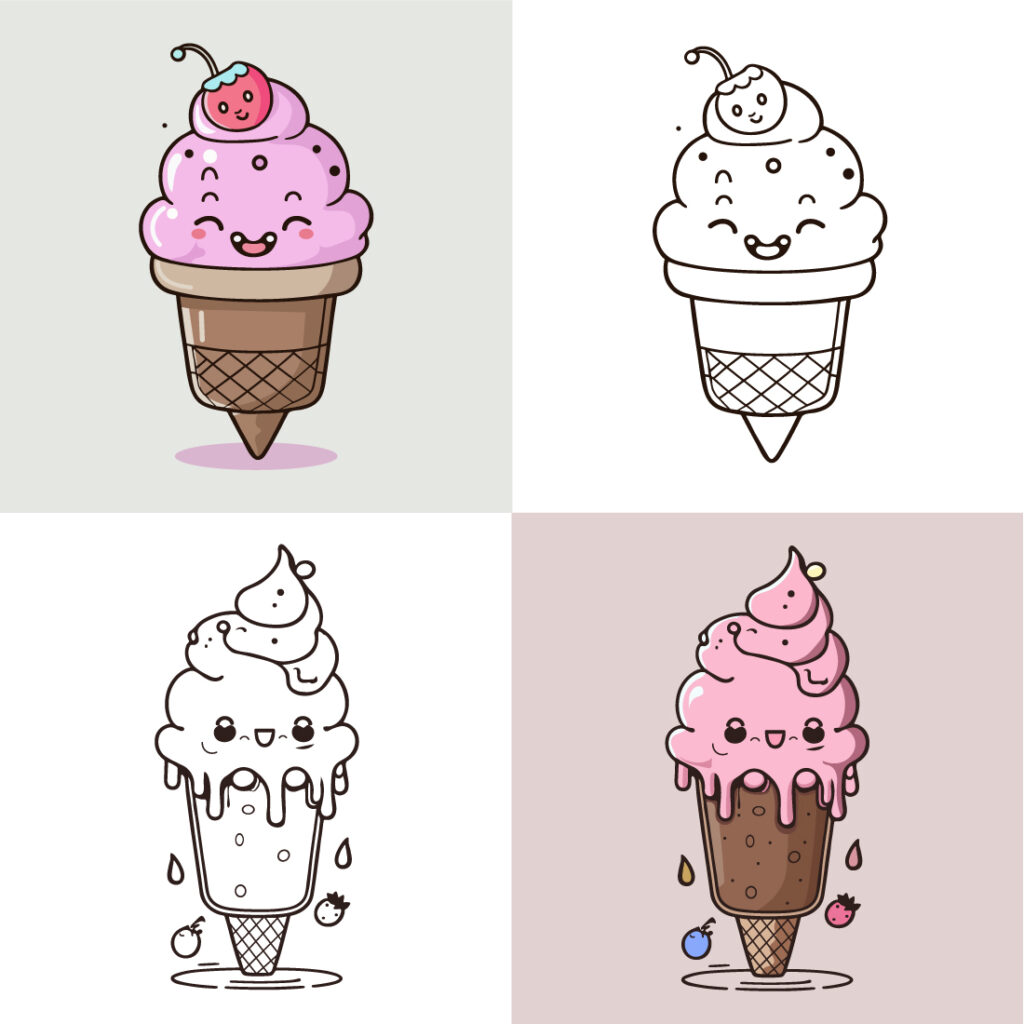 Cute Ice Cream Cartoon line art vector Icon illustration, Food drinks ...