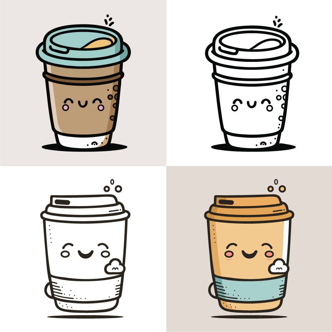 Coffee Cup Logo, Cute Coffee Cup Cartoon line art colorful Vector Illustration, Coffee cup icon design, Flat carton style, and Food and drink icon preview image.