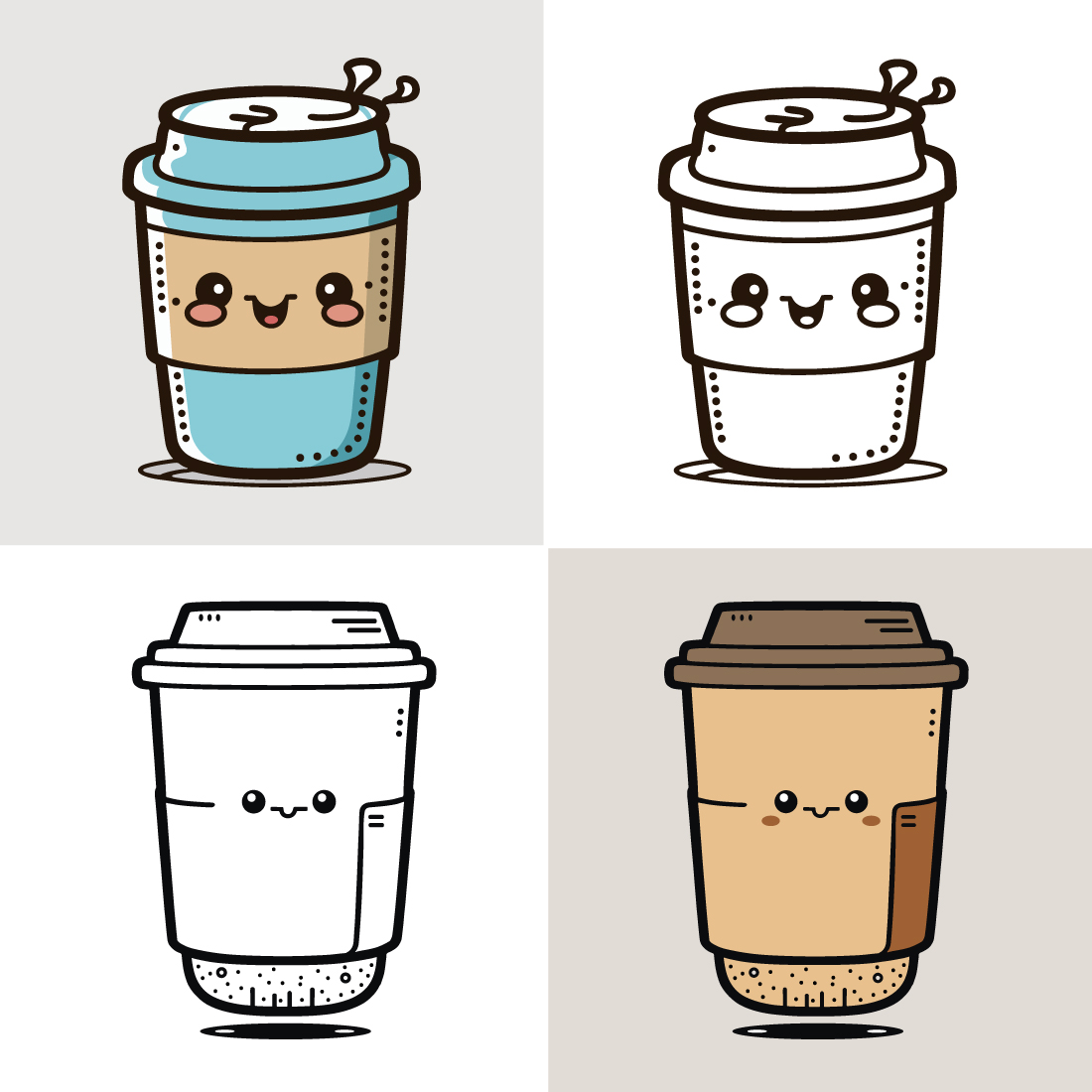 Cute Kawaii Cup Of Coffee Black And White Ilustration Outline