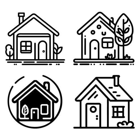 Home Icon set, Illustration of house icons, Black and white house icons, Outline Style, Home line art icons, and clean simple design cover image.