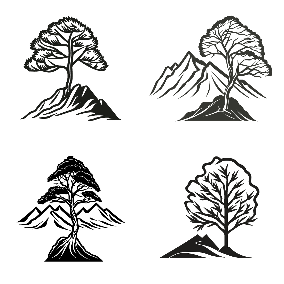 Mountain sketch, Outline Style black and white mountains and tree vector, Mountain tree icon illustration, mountain logo preview image.