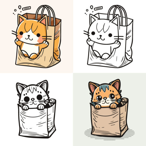 character of a Little cat in a paper shopping bag, Cute cat, Cat cartoon, drawing, Cat mascot cover image.