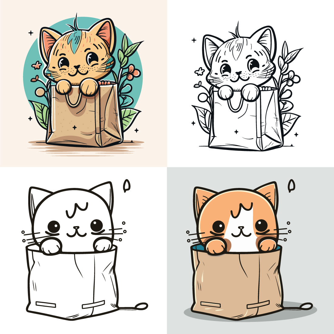 character of a Little cat in a paper shopping bag, Cute cat, Cat cartoon, drawing, Cat mascot preview image.