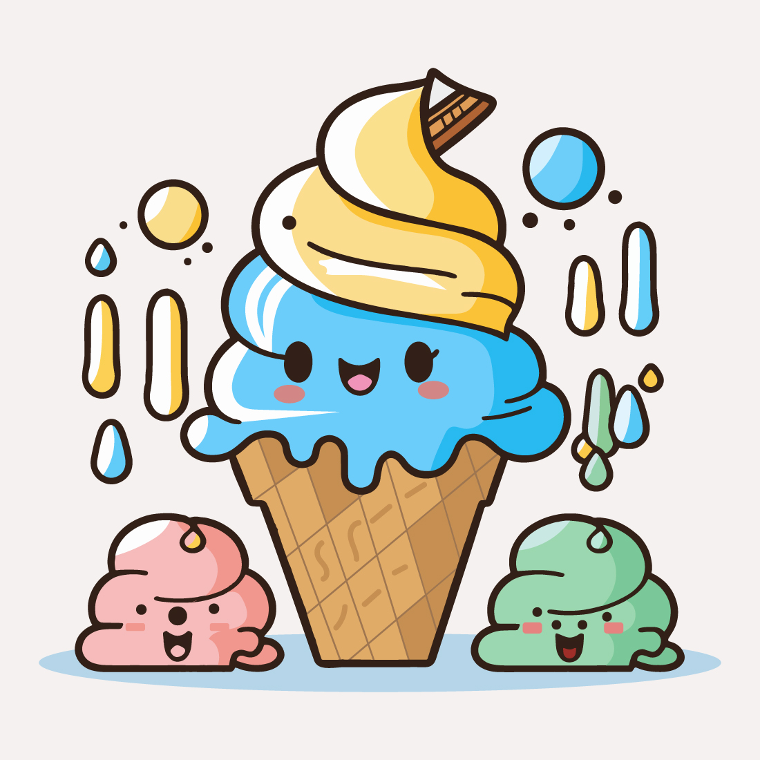 Cute Ice Cream Cartoon line art vector Icon illustration, Food drinks Flat Cartoon Concept Pro Vector, Ice Cream Cartoon, cone, cartoon ice cream, Cute Ice Cream logo cover image.
