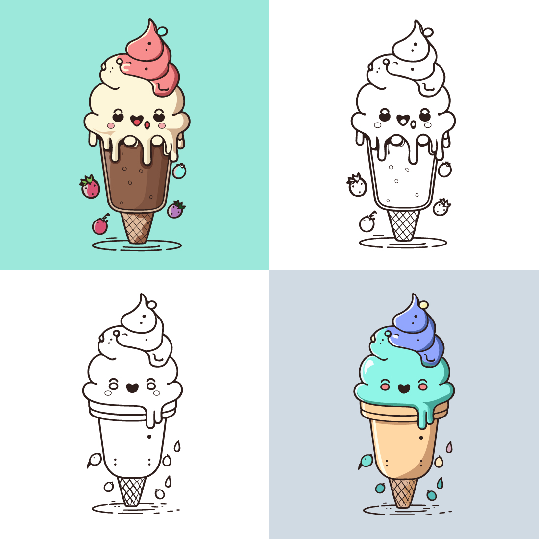 Cute Ice Cream Cartoon Line Art Vector Icon Illustration,, 50% OFF