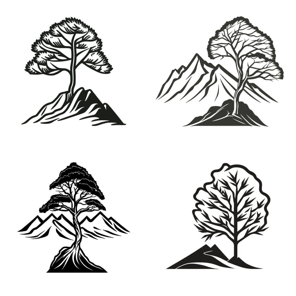 Mountain sketch, Outline Style black and white mountains and tree