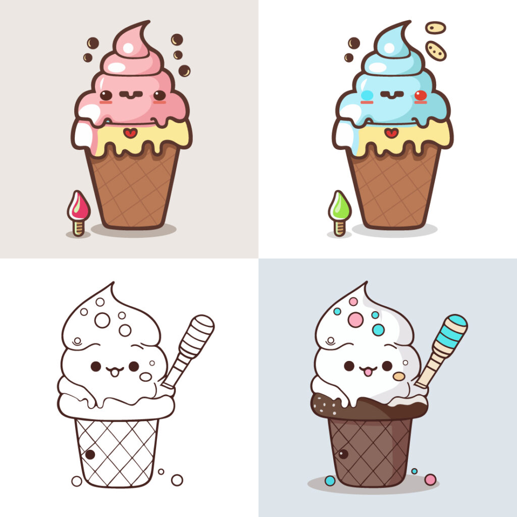 Cute Ice Cream Cartoon line art vector Icon illustration, Food drink ...