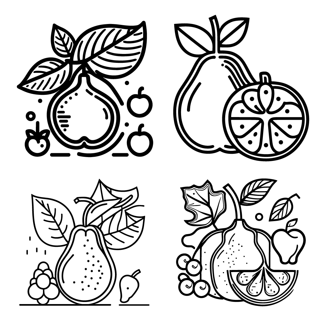 Fruit Icon set, cartoon fruits isolated on white background, Simple line art outline elements collection, clean simple design preview image.