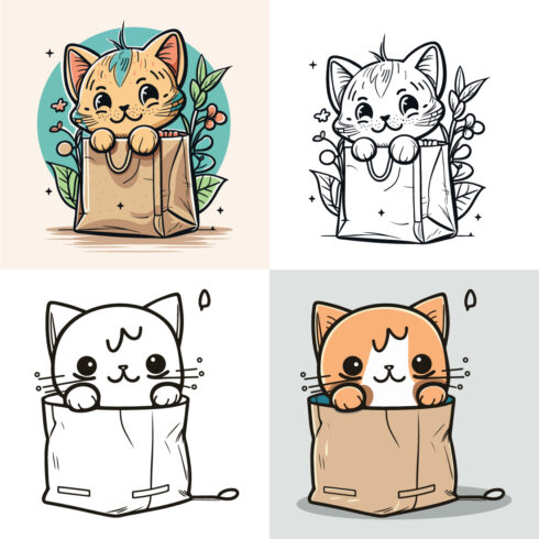 character of a Little cat in a paper shopping bag, Cute cat, Cat cartoon, drawing, Cat mascot cover image.