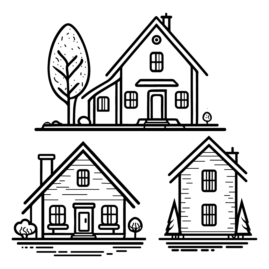 Home Icon set, Illustration of house icons, Black and white house icons, Outline Style, Home line art icons, and clean simple design preview image.