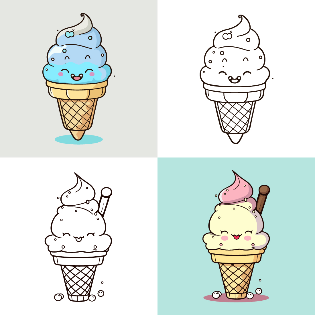 Cute Ice Cream Cartoon line art vector Icon illustration, Food drinks Flat Cartoon Concept Pro Vector, Ice Cream Cartoon, cone, cartoon ice cream, and Cute Ice Cream logo cover image.