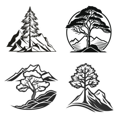 Mountain sketch, Outline Style black and white mountains and tree vector, Mountain tree icon illustration, mountain logo cover image.