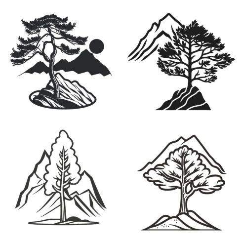 Mountain sketch, Outline Style black and white mountains and tree vector, Mountain tree icon illustration, and mountain logo cover image.