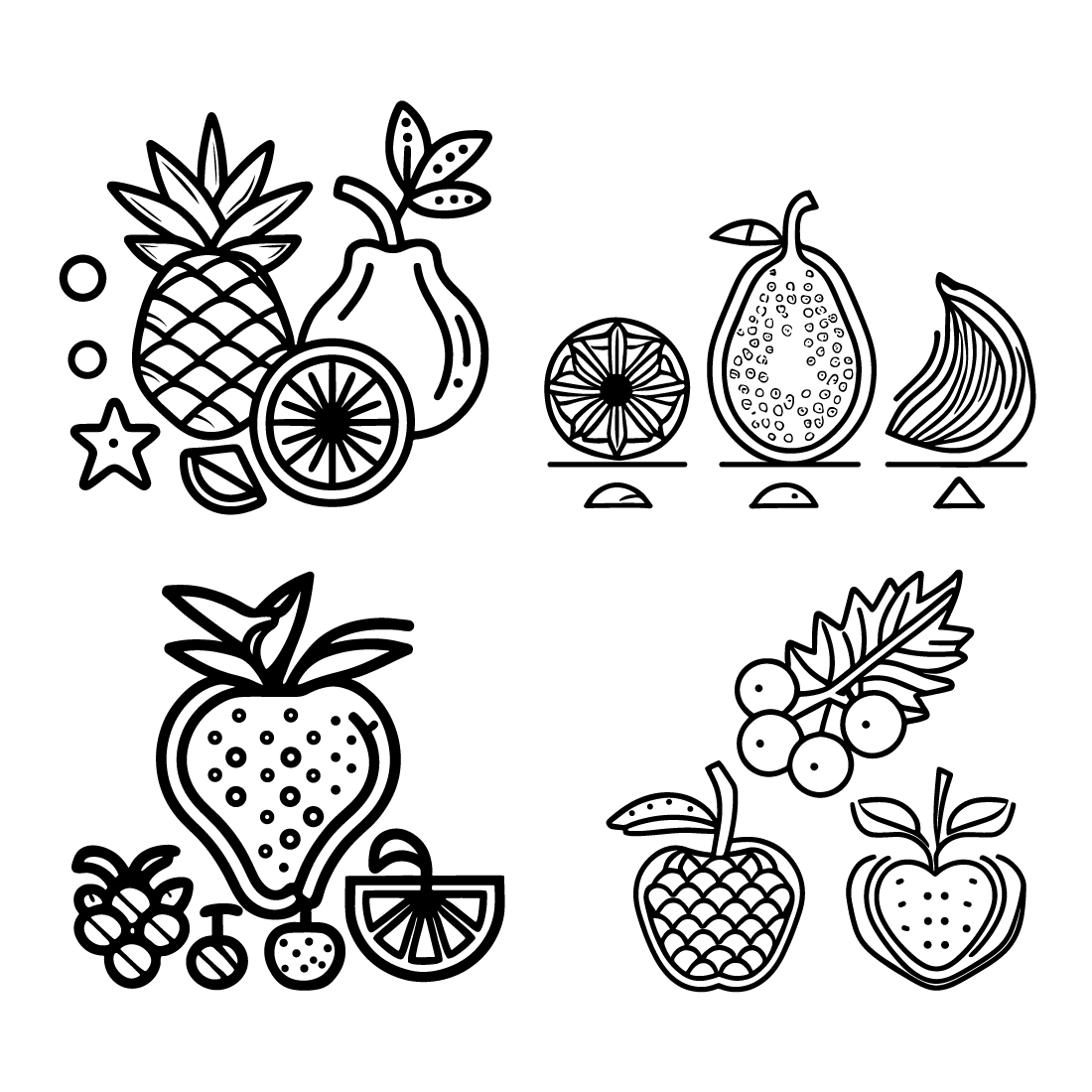 Fruit Icon set, cartoon fruits isolated on white background, Simple line art outline elements collection, clean simple design cover image.