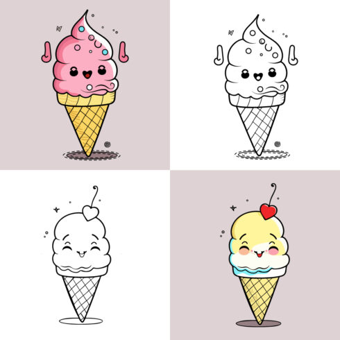 Cute Ice Cream Cartoon line art vector Icon illustration, Food drinks Flat Cartoon Concept Pro Vector, Ice Cream Cartoon, cone, cartoon ice cream, and Cute Ice Cream logo cover image.