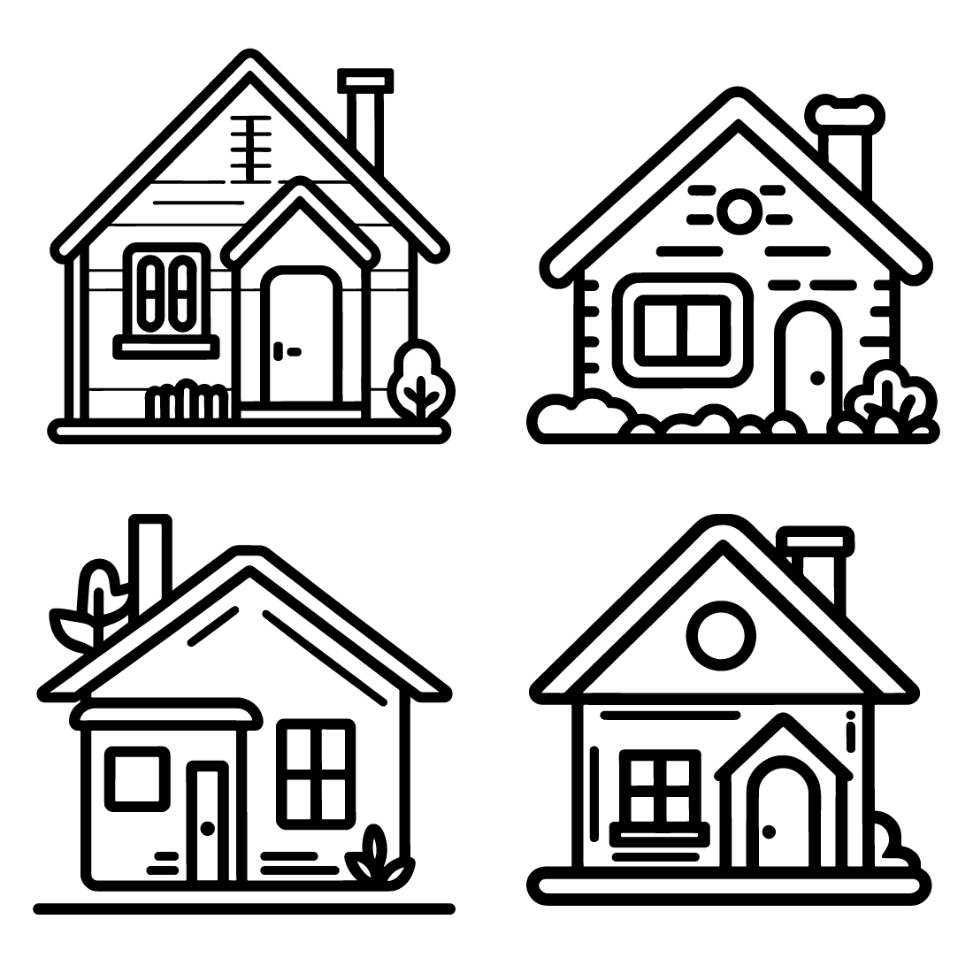 Home Icon set, Illustration of house icons, Black and white house icons, Outline Style, Home line art icons, and clean simple design preview image.
