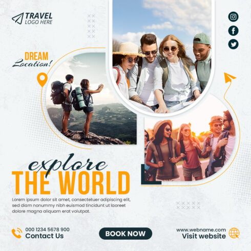 Travel Tour Social Media Post Or Holiday Vacation Square Flyer Web Banner Design Template cover image.
