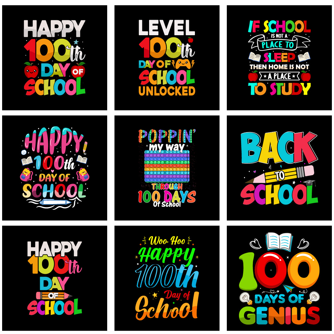 Back to School Typography T-shirt Design Bundle, 100th days of school kids t-shirt svg bundle preview image.