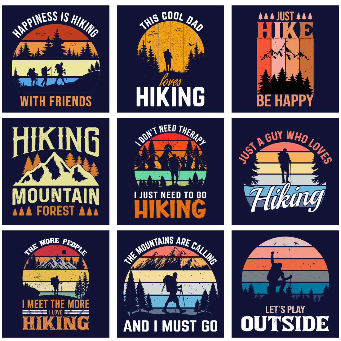 Hiking T-shirt Design Bundle, adventure mountain outdoor hiking custom T shirt designs cover image.
