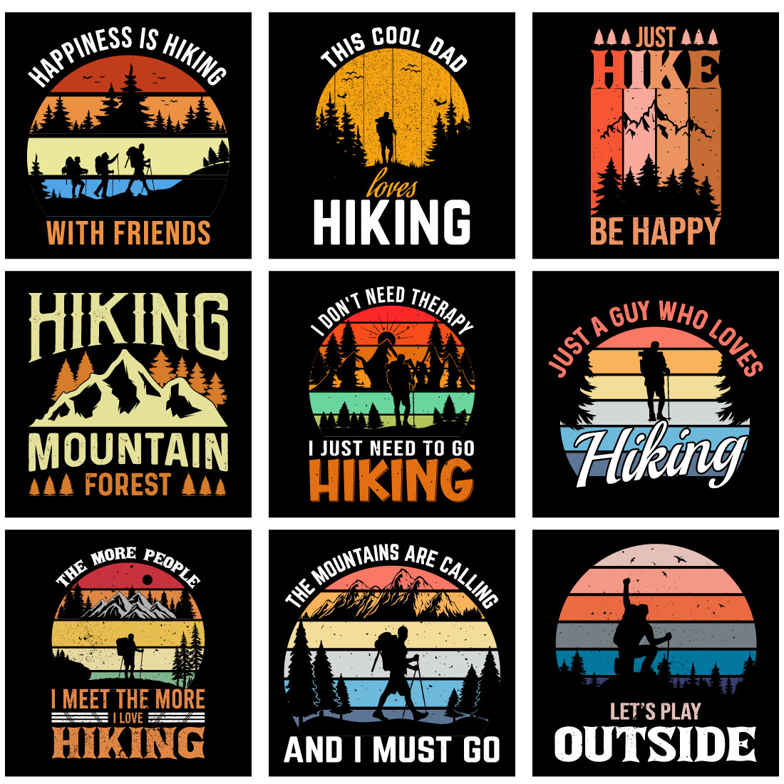 Hiking T-shirt Design Bundle, adventure mountain outdoor hiking custom T shirt designs preview image.