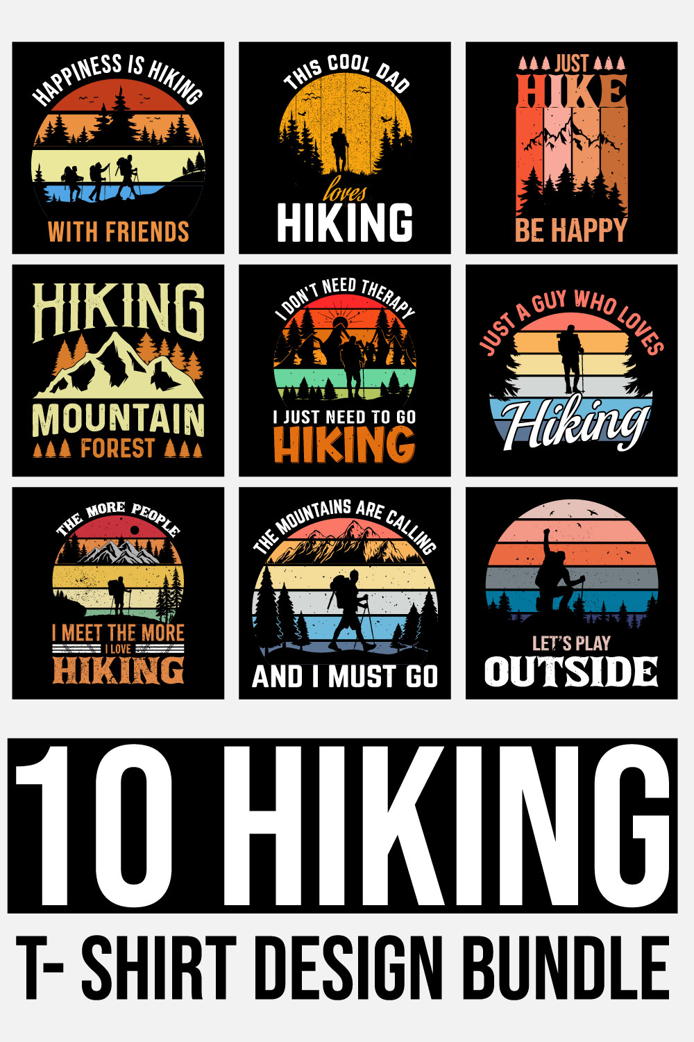 Hiking T-shirt Design Bundle, adventure mountain outdoor hiking custom T shirt designs pinterest preview image.