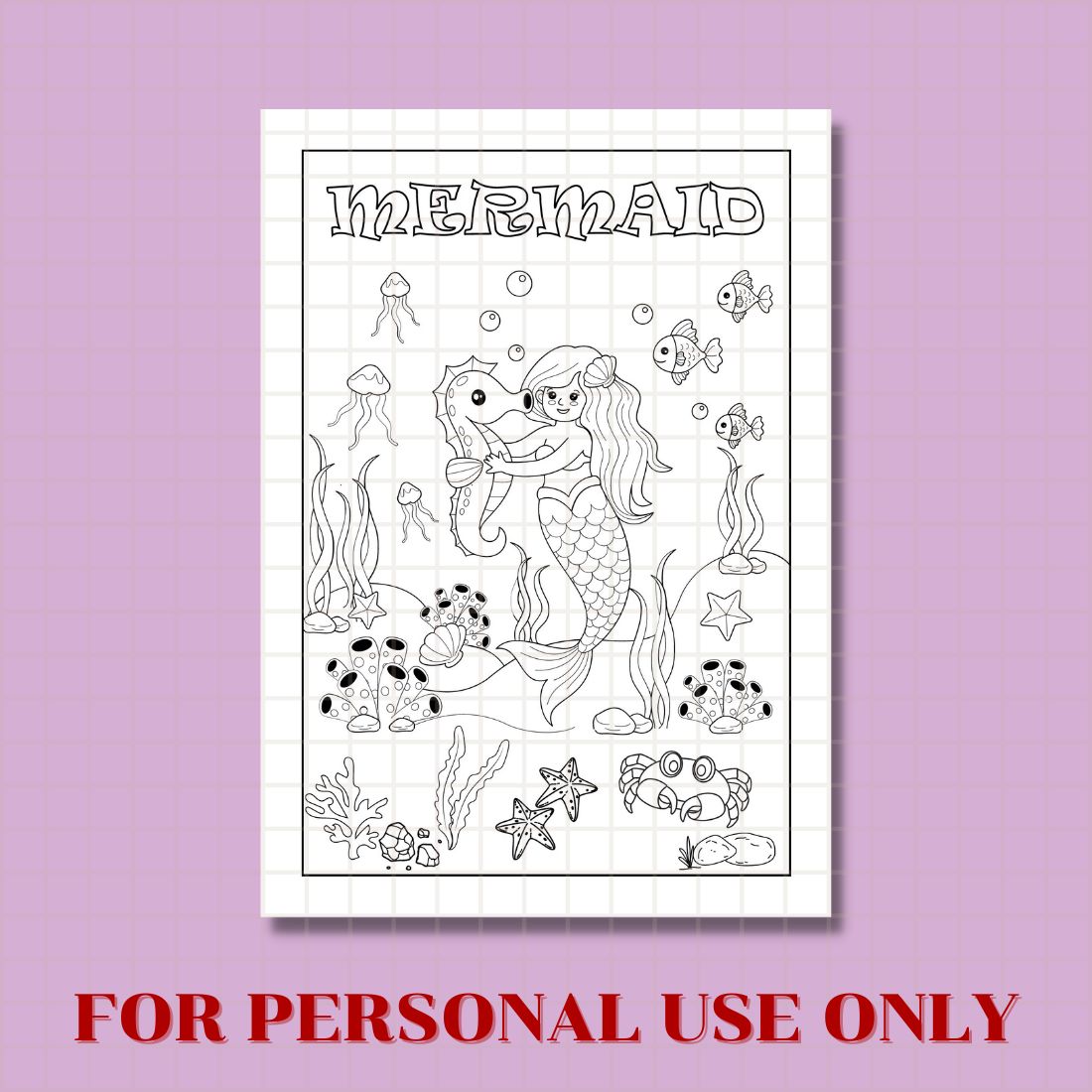 FREE MERMAID COLORING PAGE preview image.