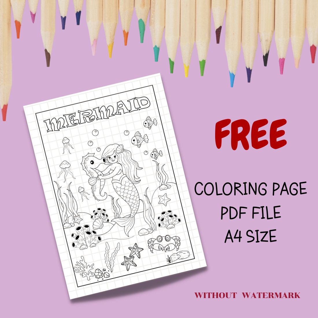 FREE MERMAID COLORING PAGE cover image.