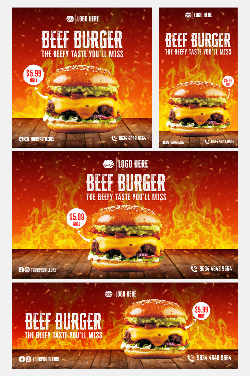 Burger Social Media Templates Pack pinterest preview image.