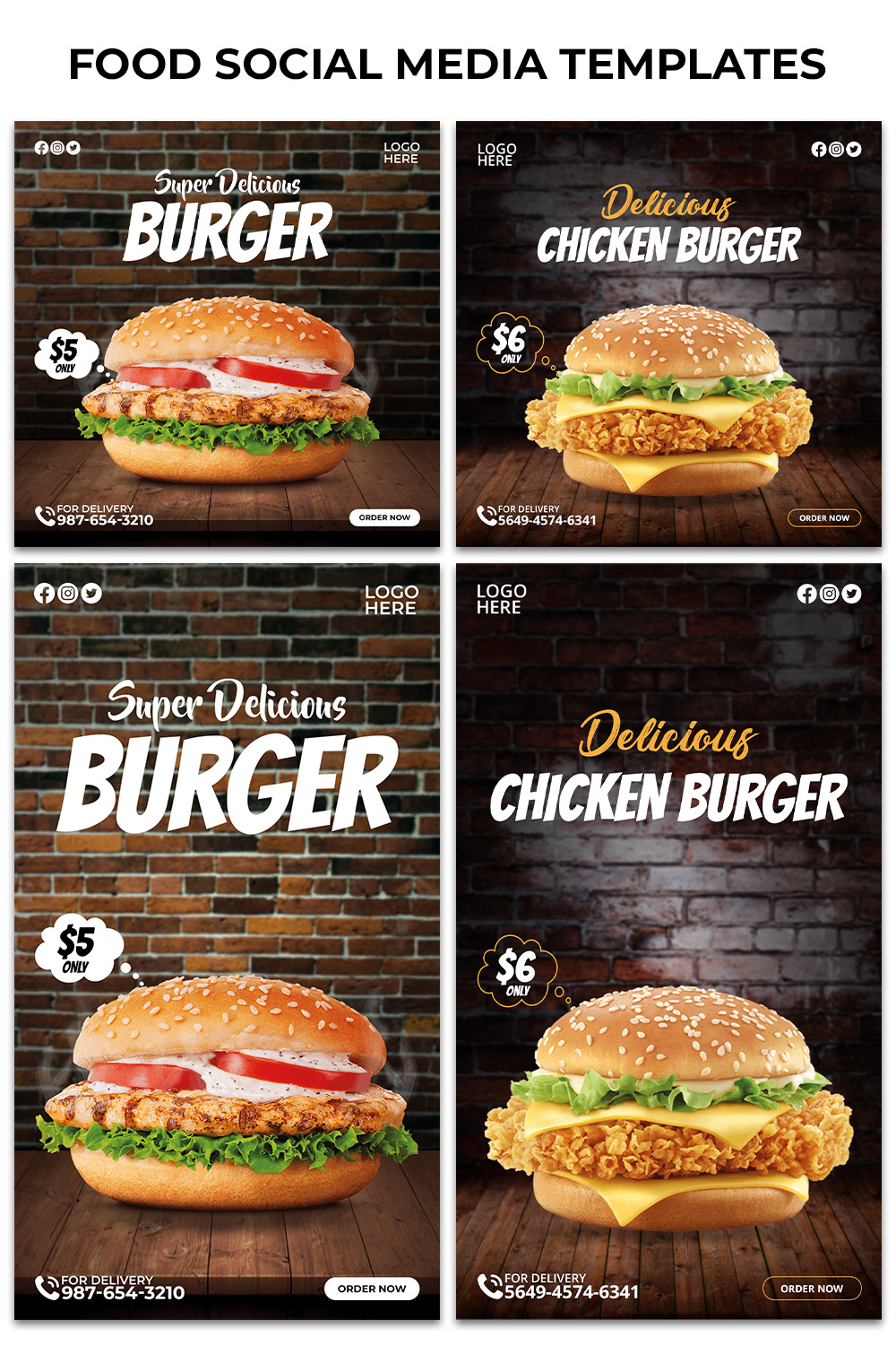 2 Burger Social Media Templates Pack pinterest preview image.