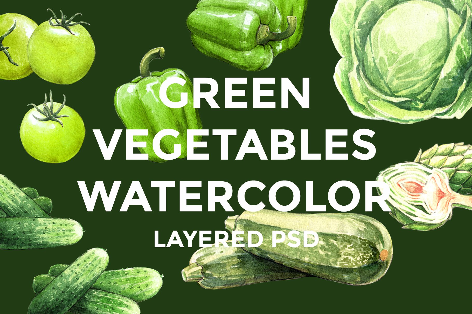 Green Vegetables watercolor big set cover image.