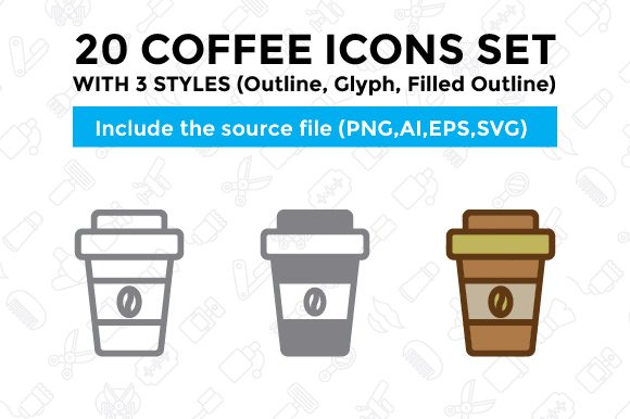 20 Coffee Icon Set With 3 Styles cover image.