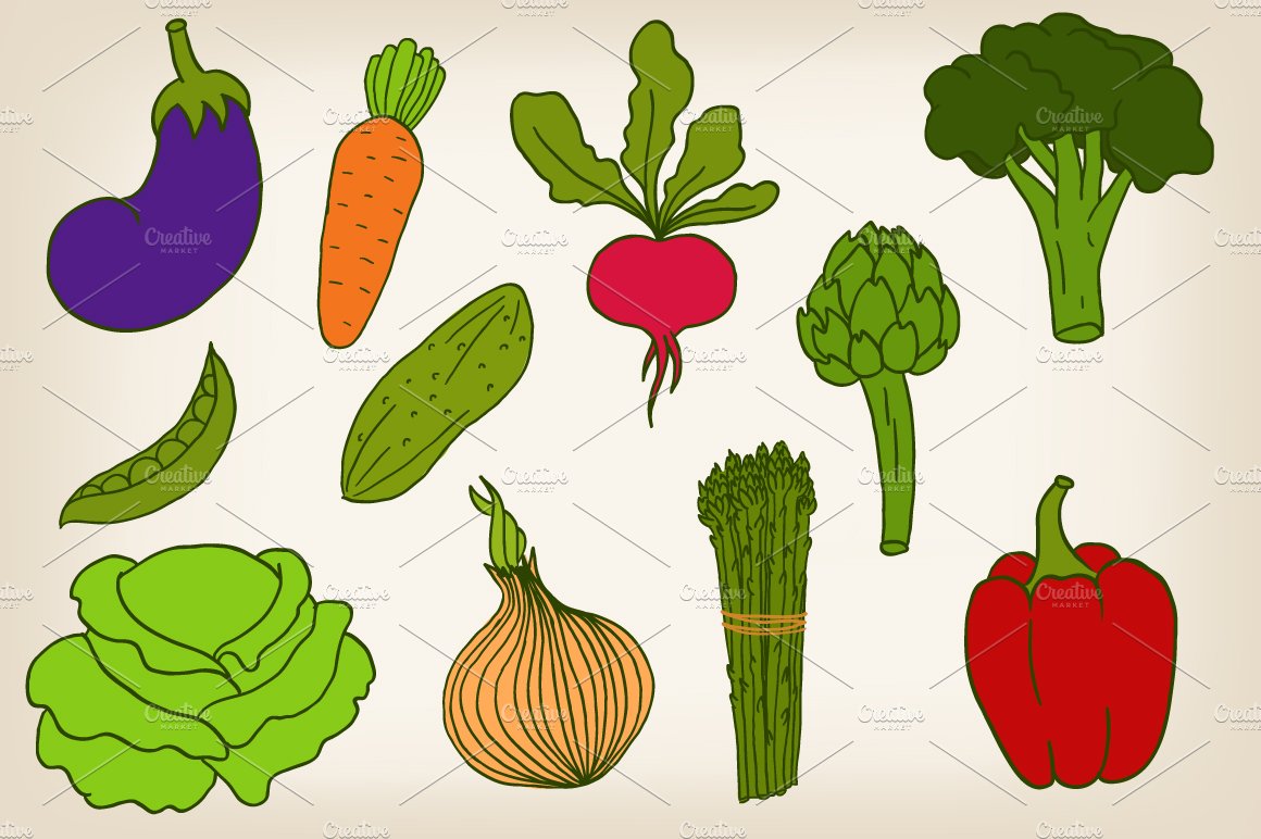 Vector vegetables and patterns preview image.