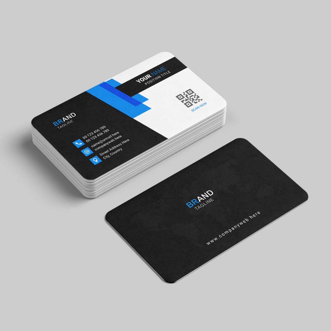 Blue and black business card preview image.