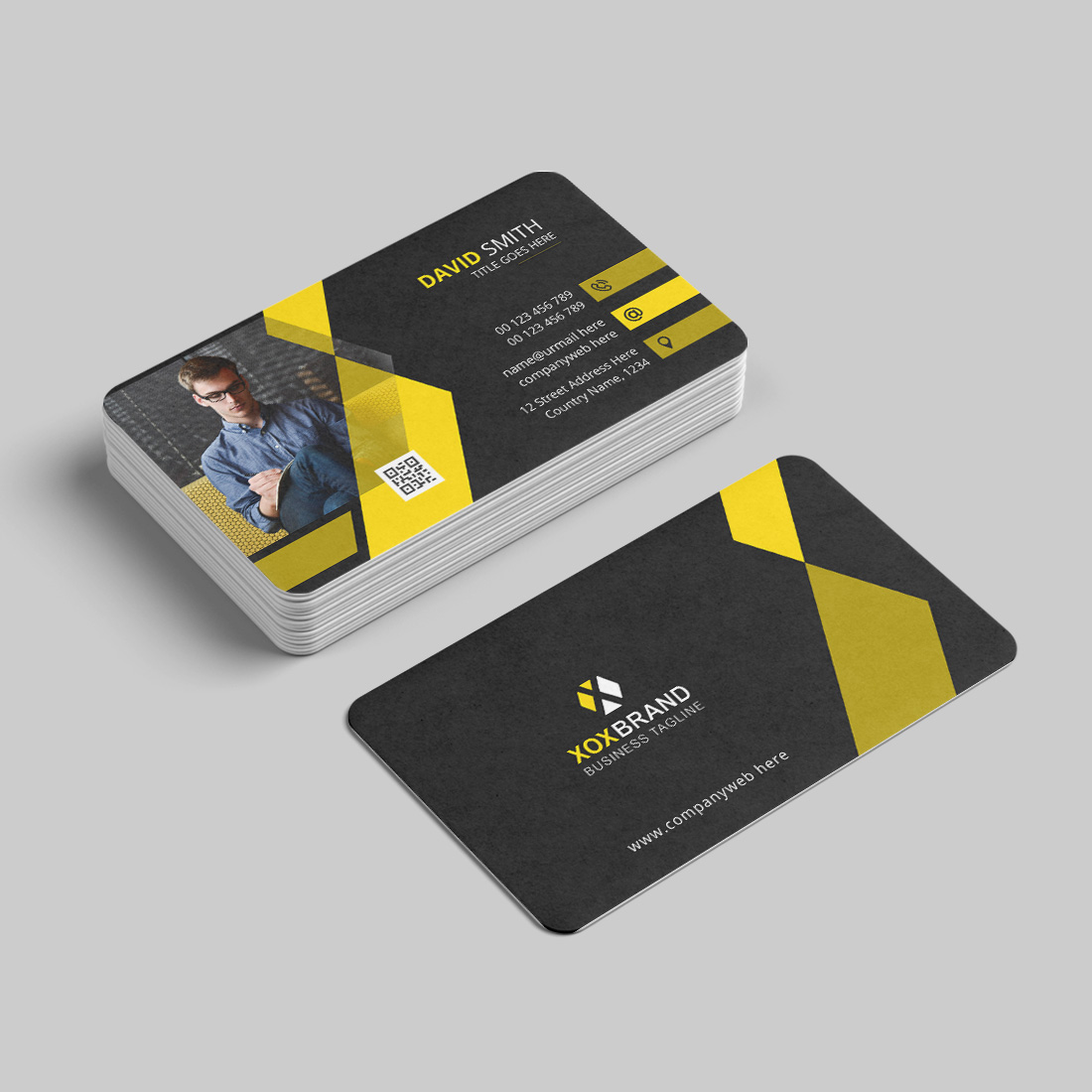 Dark and yellow business card design template preview image.
