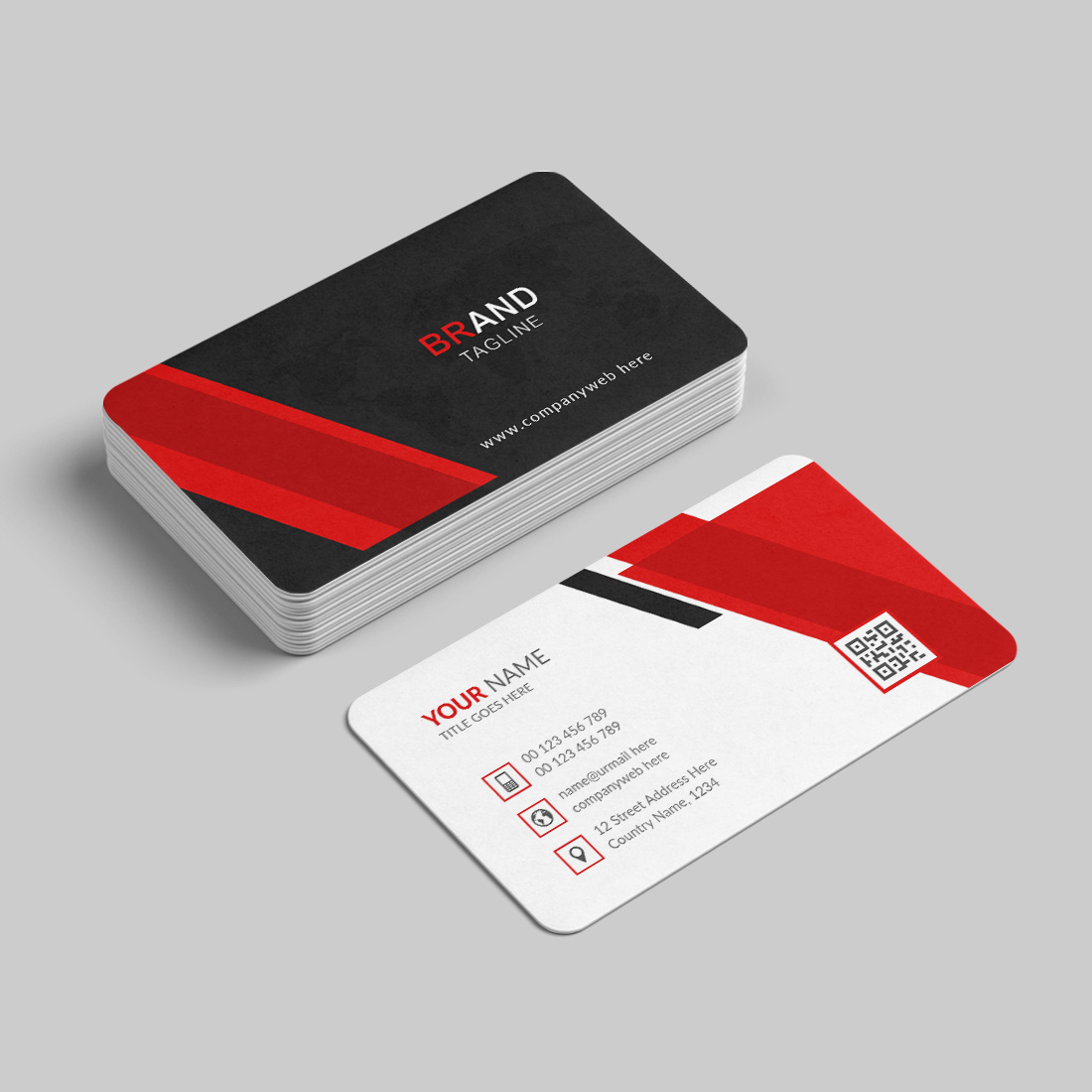 Red and black business card design preview image.
