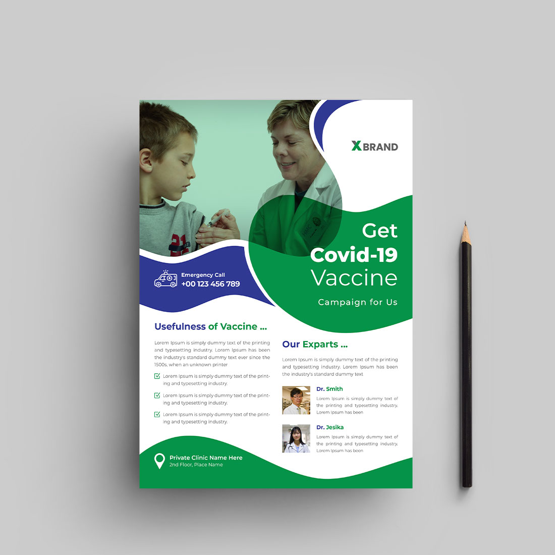 Covid-19 vaccine flyer design template cover image.